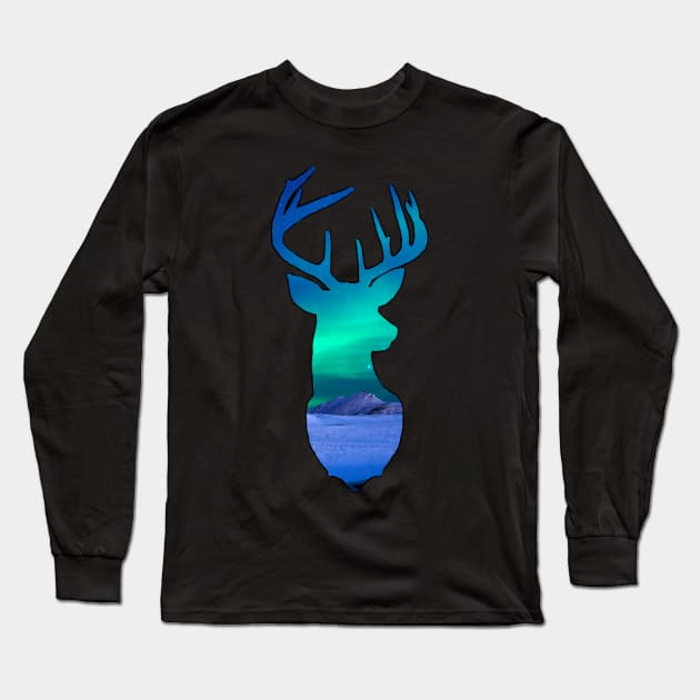 Aurora borealis shooting star cosmic deer Long Sleeve T-Shirt by LukjanovArt